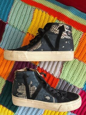 Suede & real fur Vintage Havana Black High-Top Sneakers with Cream Sole